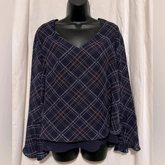 Lauren Conrad Women's Sz M Sheer Blouse V-Neck Navy Plaid Back Lace Bell Sleeve - Picture 1 of 6